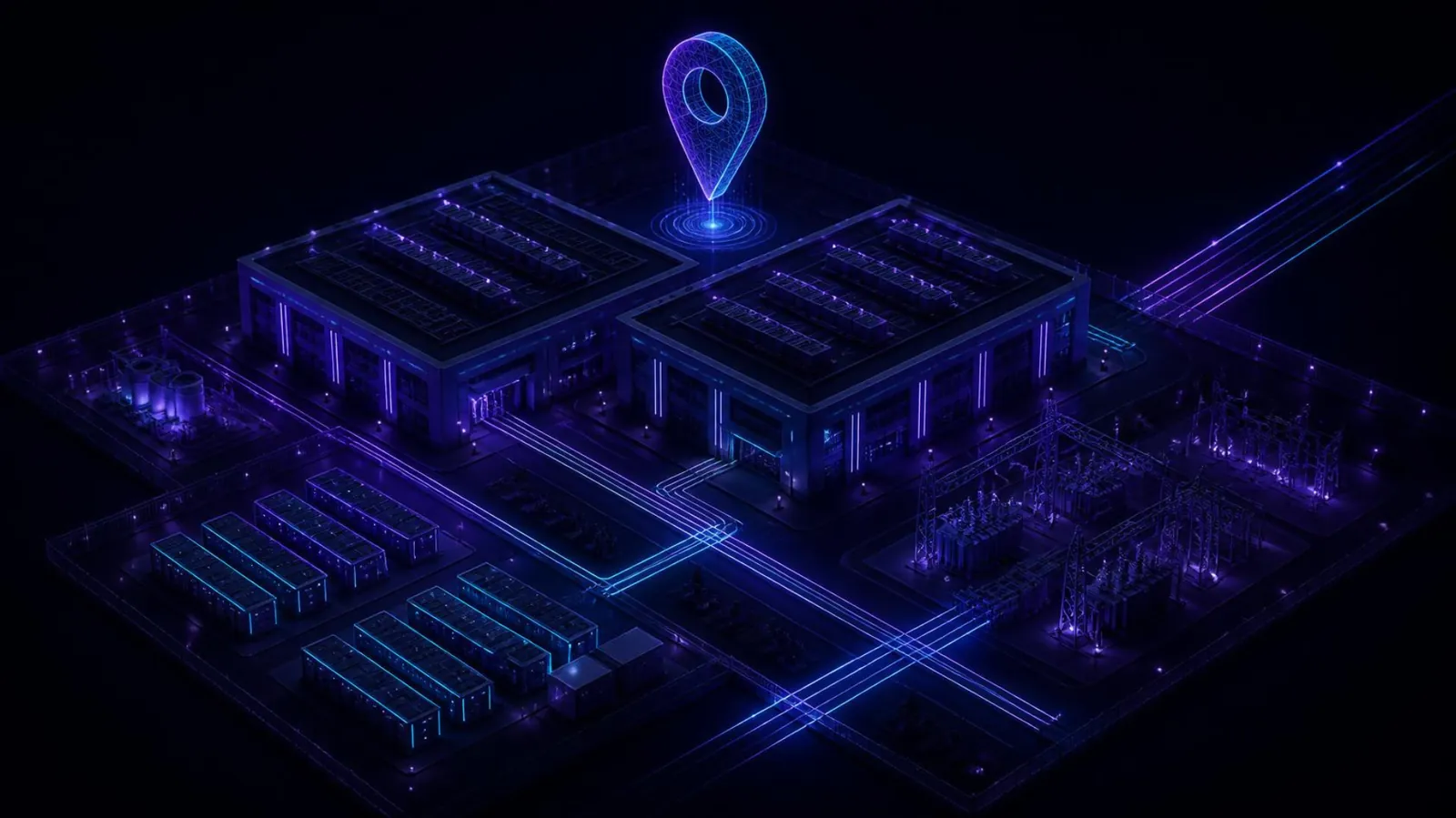 Illustration of a data center campus with an on-site substation and battery backup