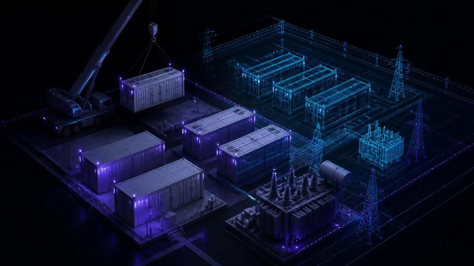 Illustration of a battery storage plant under construction with a blueprint overlay
