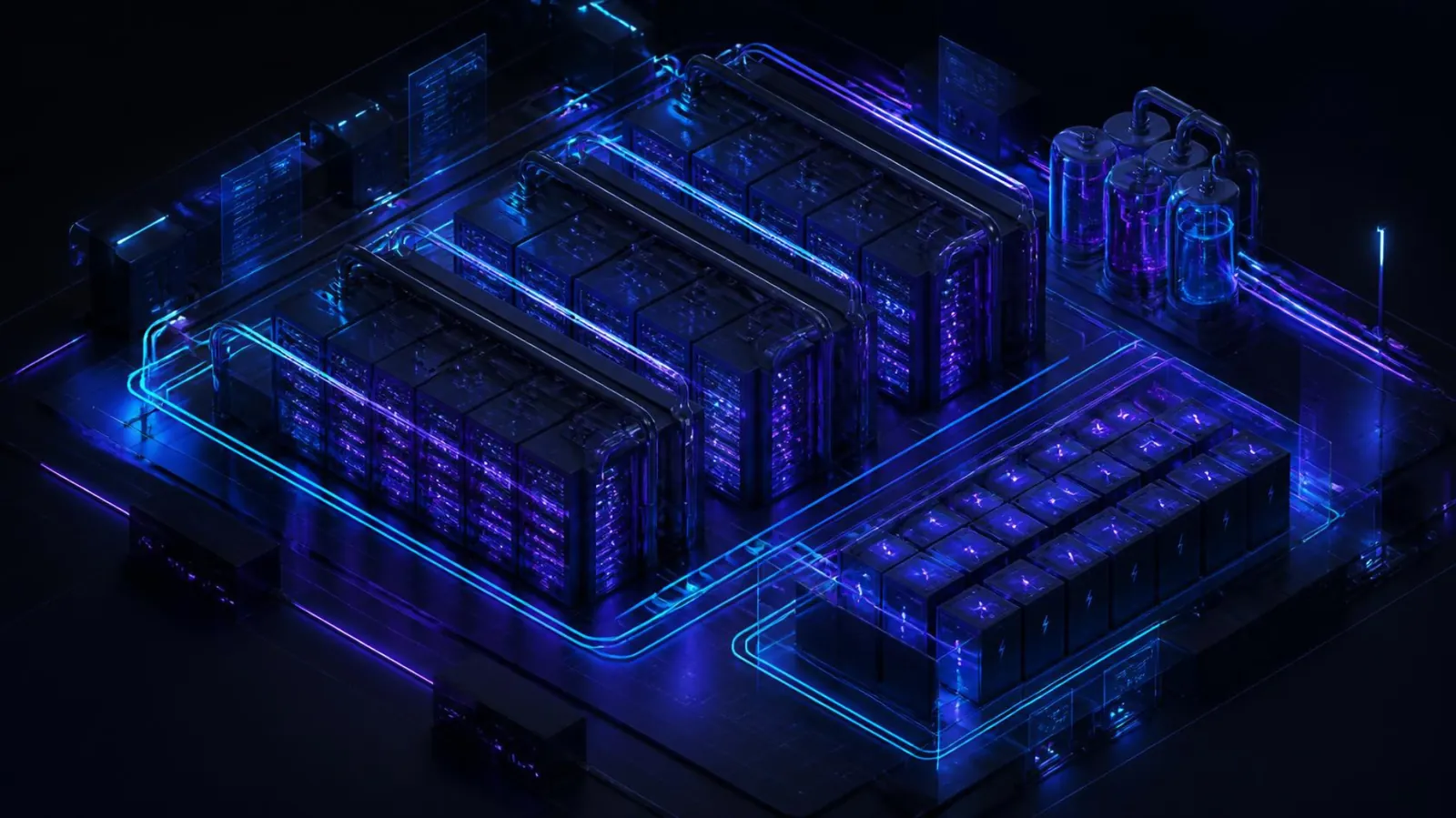 Illustration of a hyperscale data center hall with liquid cooling and battery backup